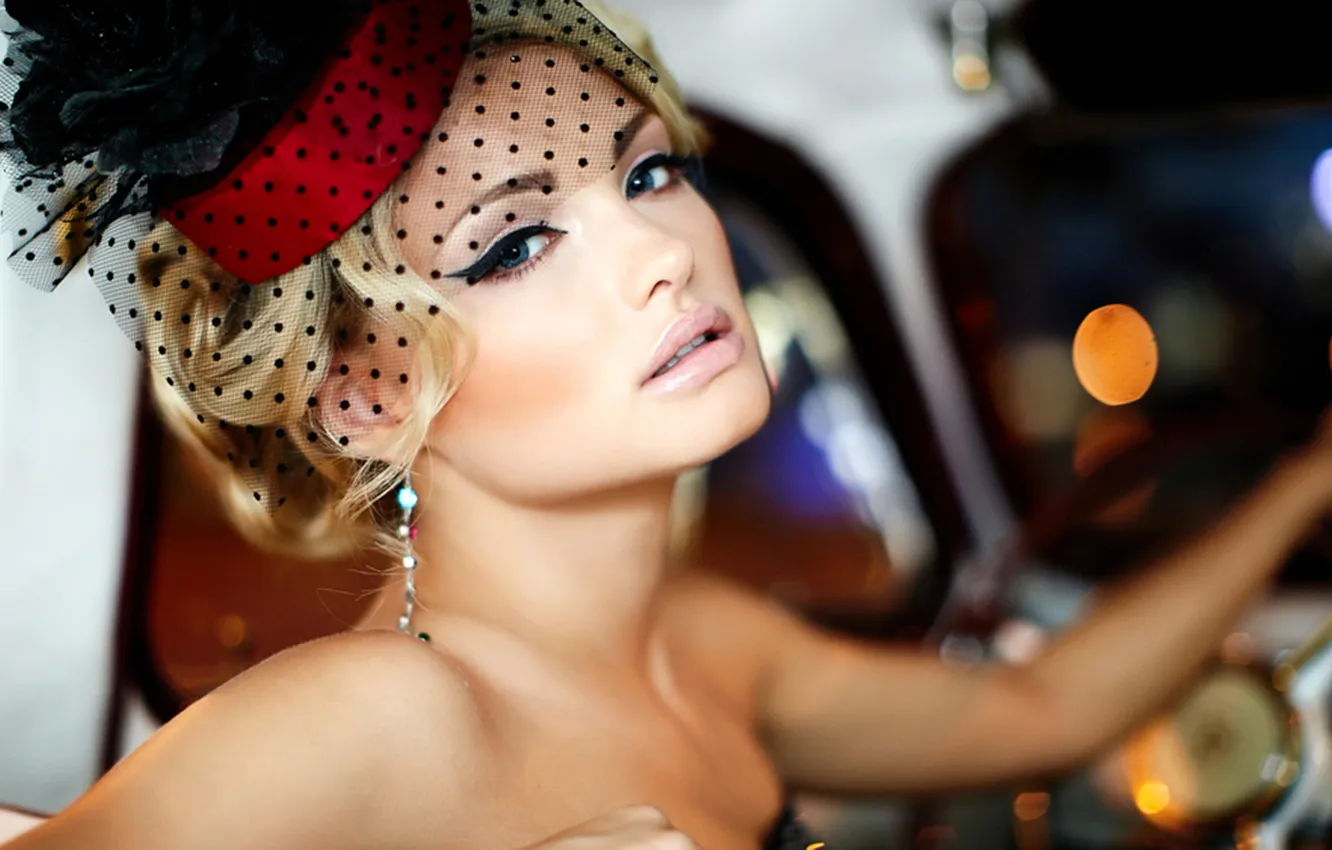 Фото обои взгляд, модель, блондинка, шляпка, вуаль, Екатерина Коба