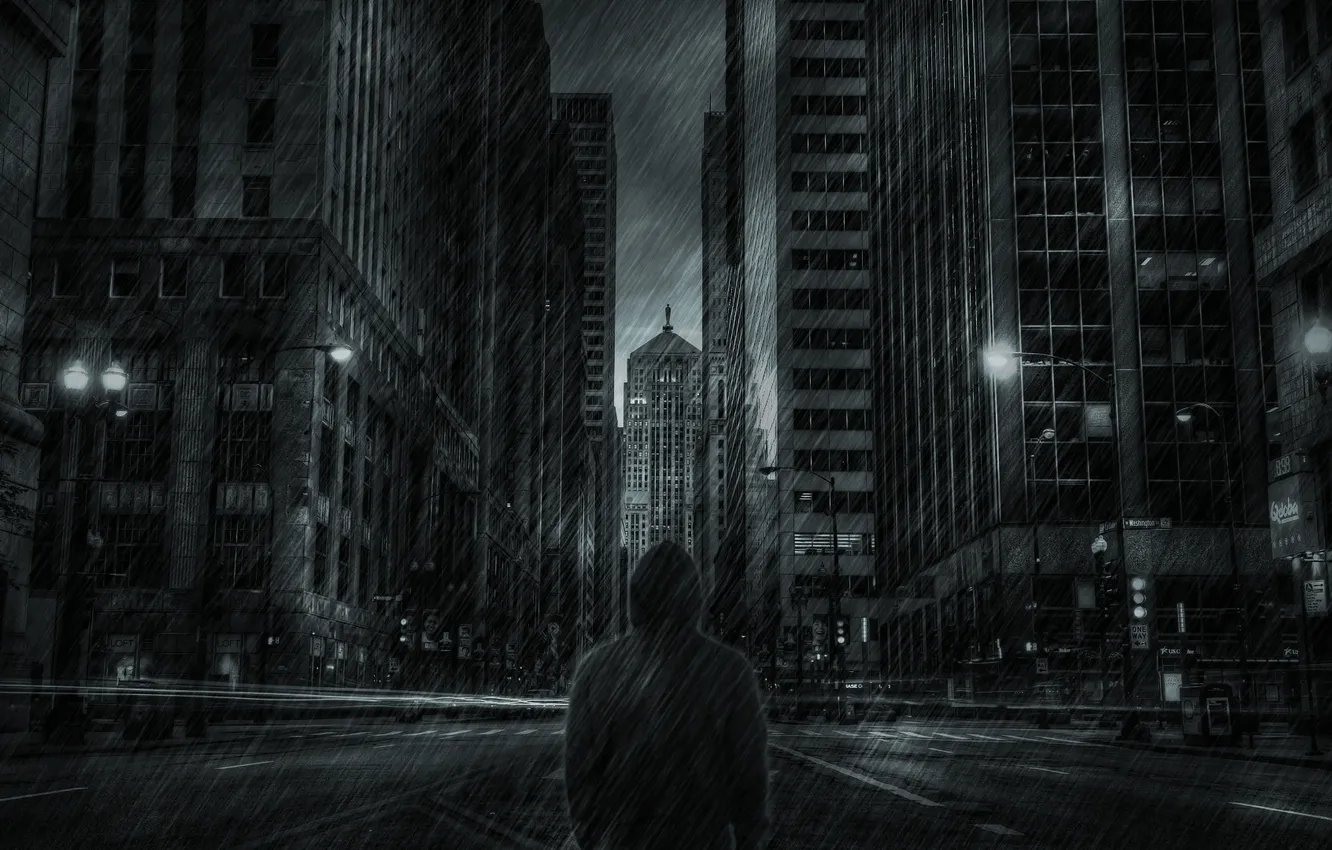 Фото обои дождь, улица, человек, небоскребы, Город, куртка