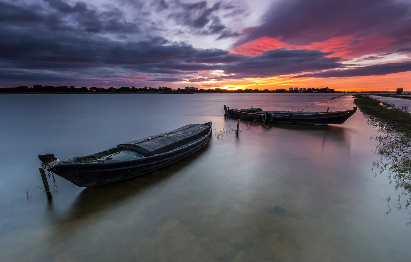 Фото обои закат, река, лодки, вечер, Испания, Valencia, Валенсия