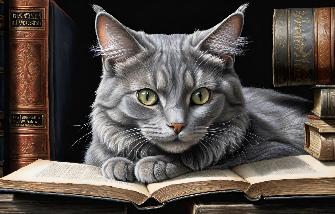 Фото обои кошка, кот, взгляд, поза, серый, книги, лежит, книга