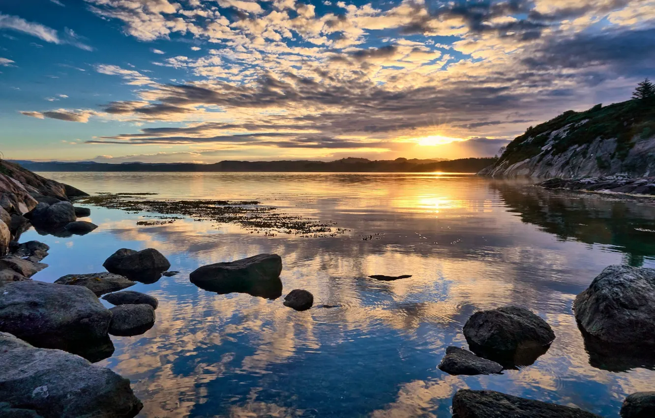 Фото обои восход, камни, берег, Норвегия, Norway, Rogaland, Førdesfjorden