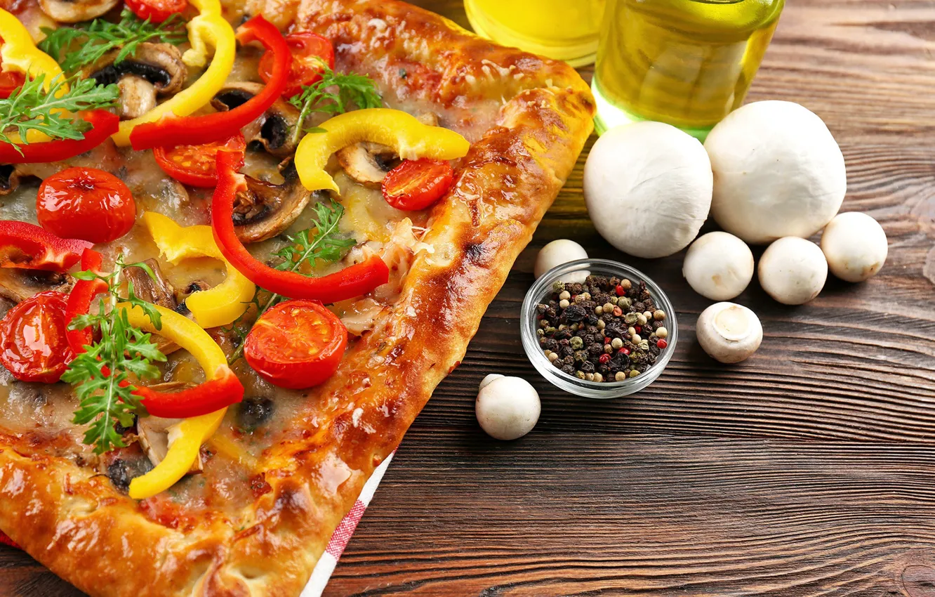 Фото обои грибы, сыр, перец, овощи, пицца, помидоры, специи, моцарелла