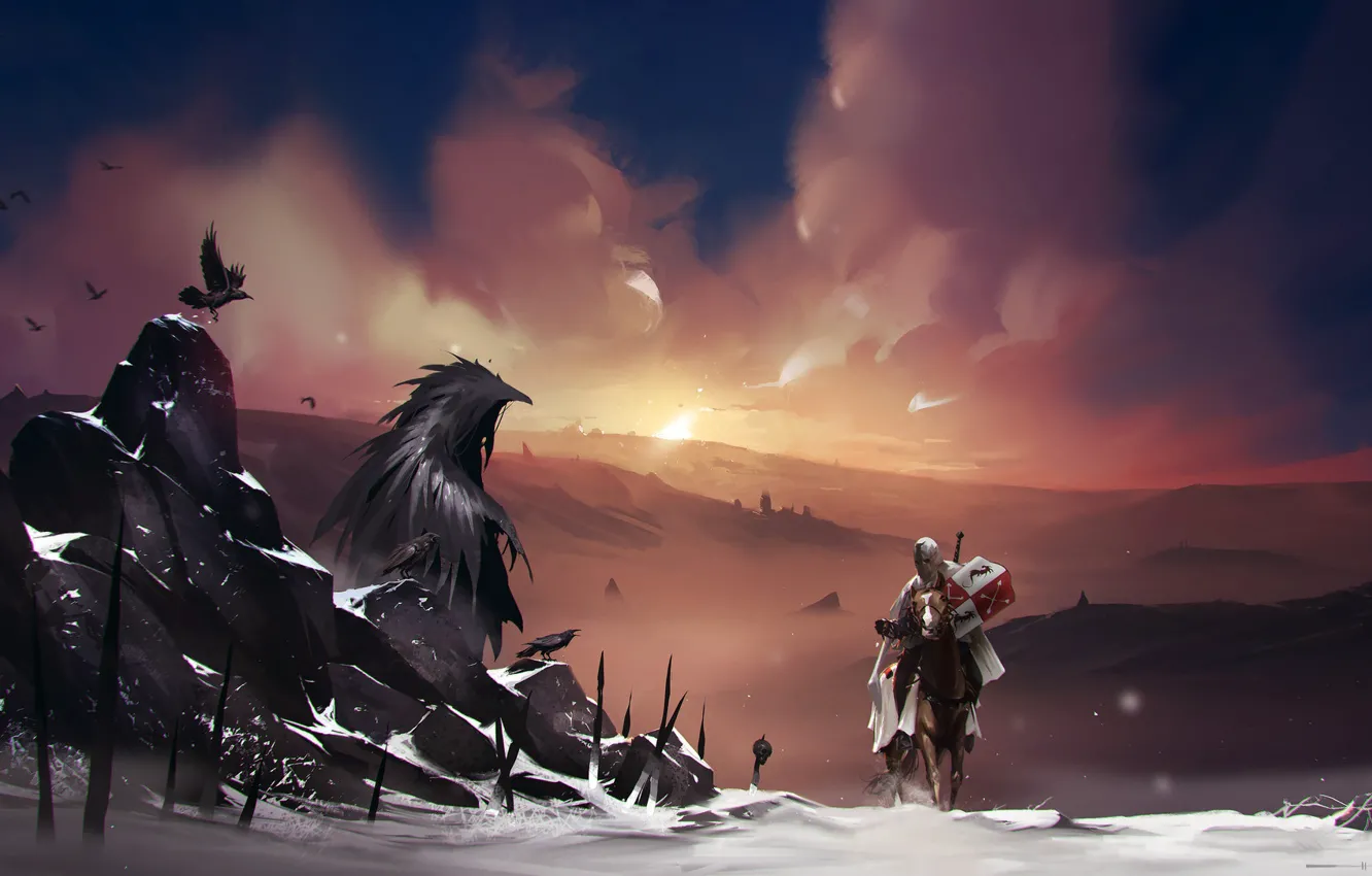 Фото обои Зима, Лошадь, Снег, Монстр, Воин, Fantasy, Art, Рыцарь