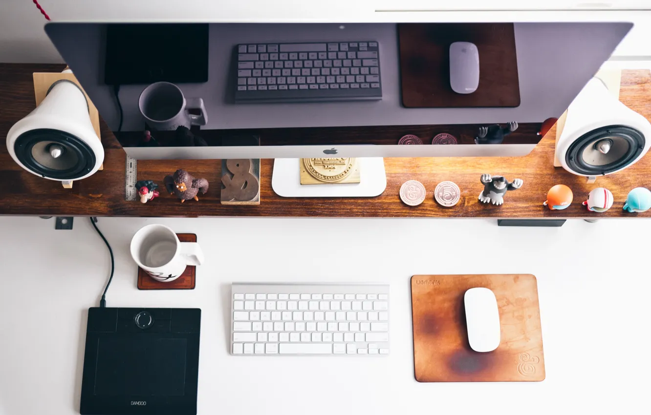 Фото обои стиль, стол, место, apple, мышка, колонки, динамик, клавиатура