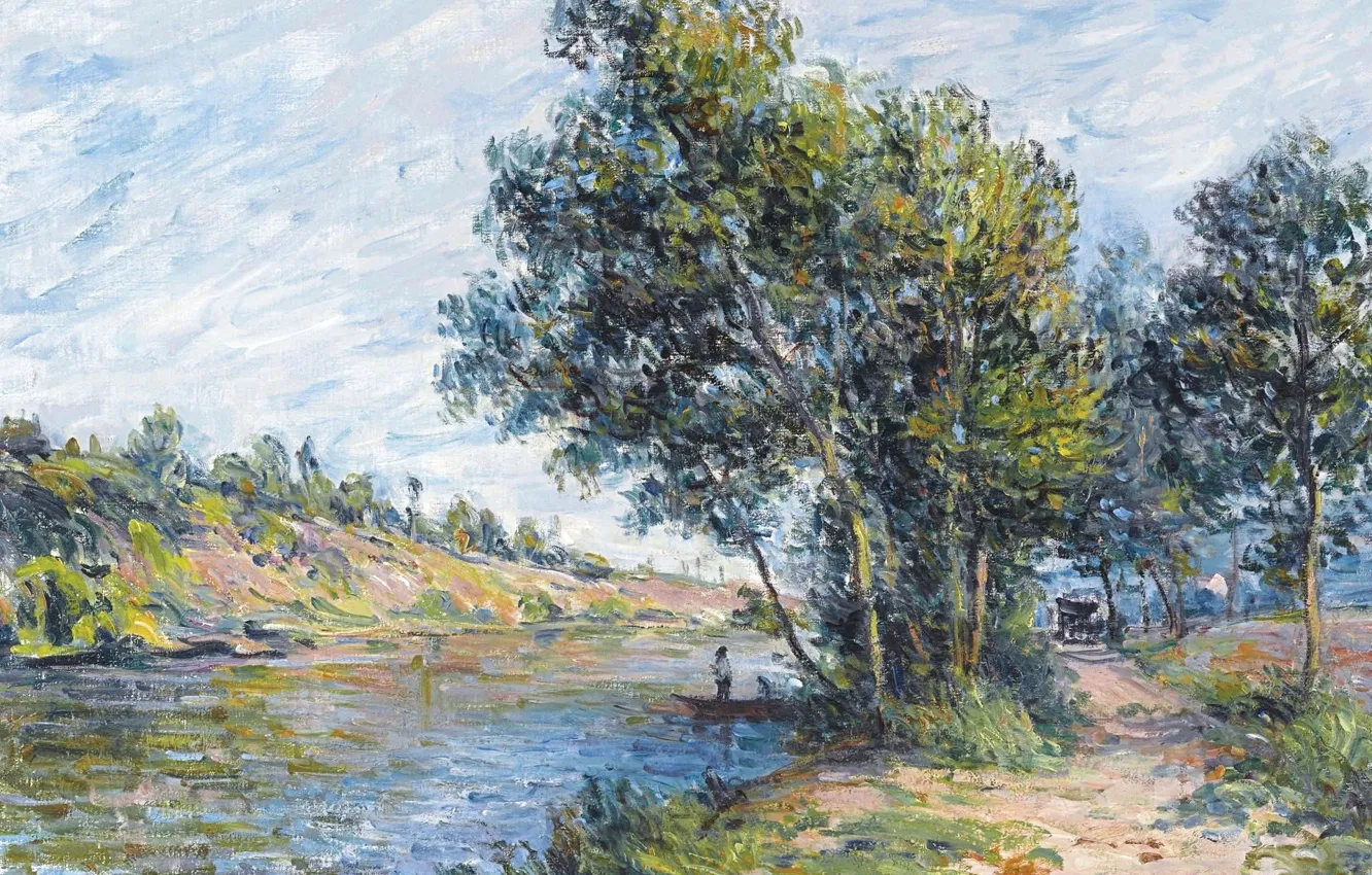 Фото обои деревья, пейзаж, река, картина, Alfred Sisley, Альфред Сислей, Дорога в Венё-Ле-Саблон