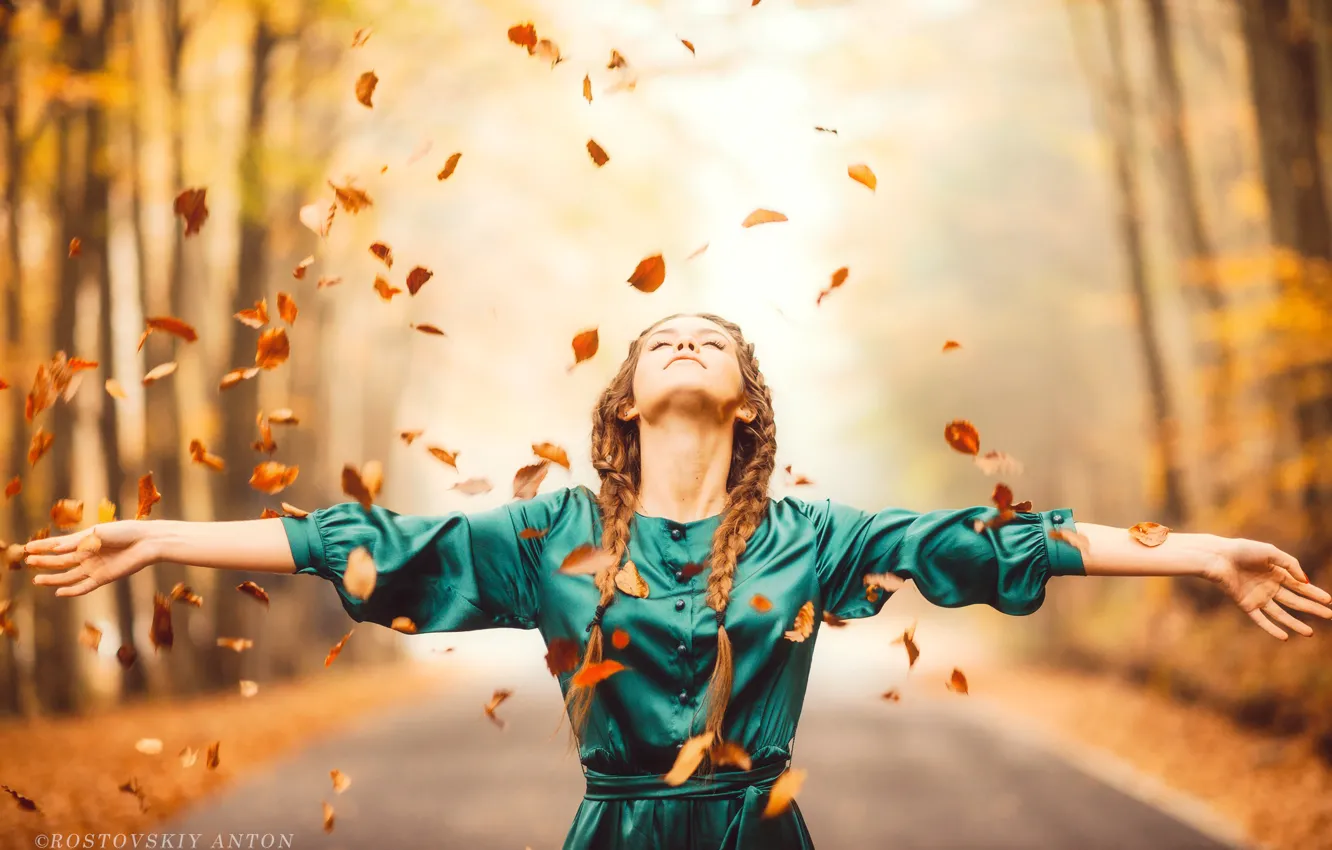 Фото обои осень, листья, девушка, поза, настроение, руки, платье, косы