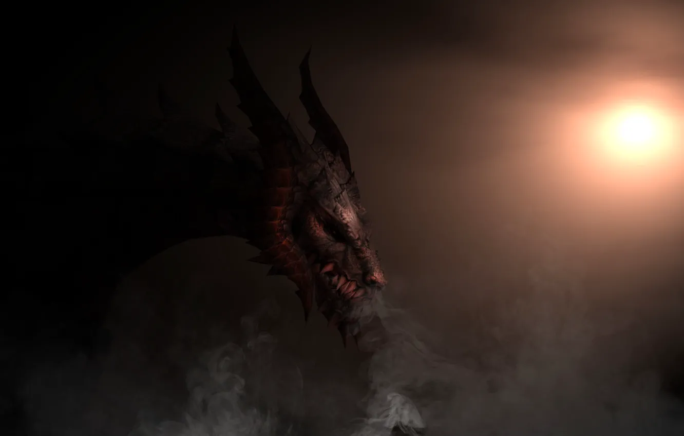 Фото обои солнце, фон, дракон, дым