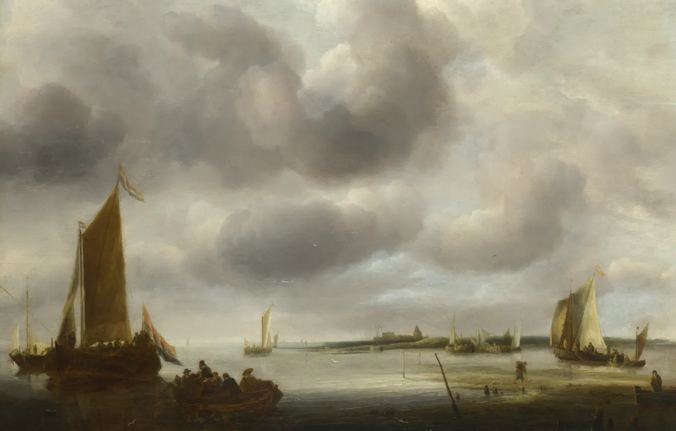 Фото обои лодка, картина, парус, Jan van de Cappelle, Ян ван Каппель, Прибрежная сцена