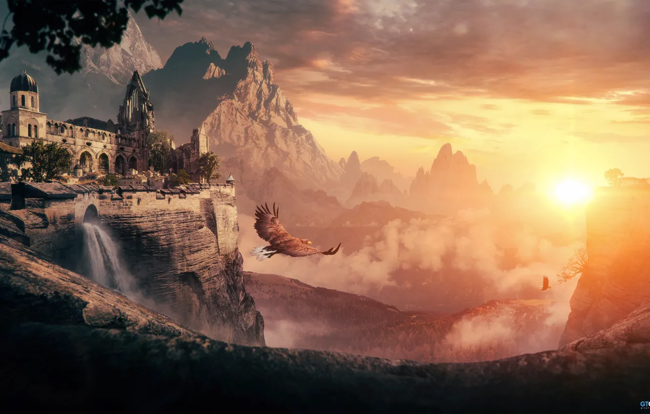Фото обои горы, замок, птица, водопад, Lost in Reverie