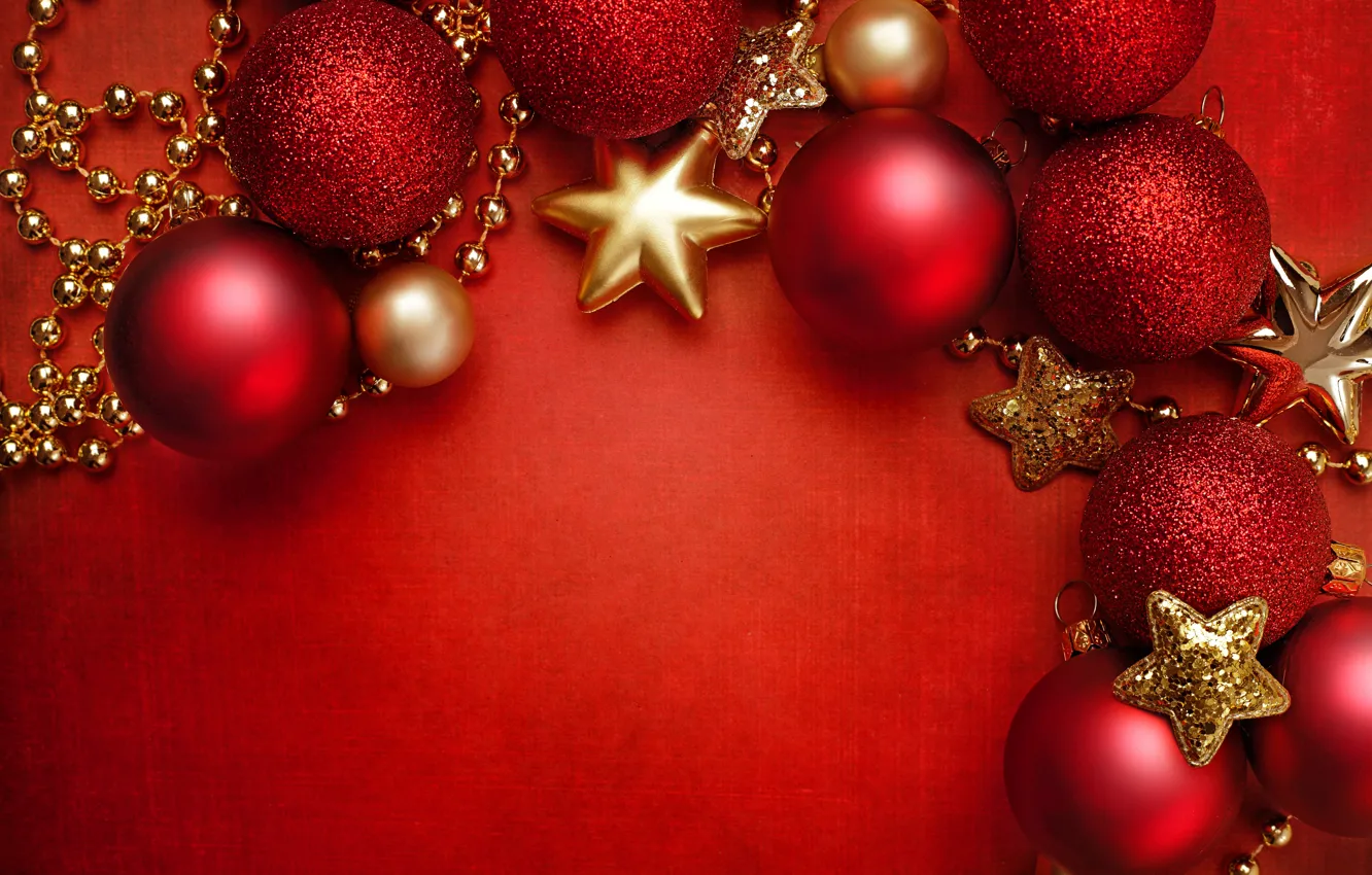 Фото обои украшения, шары, Новый Год, Рождество, red, Christmas, balls, stars