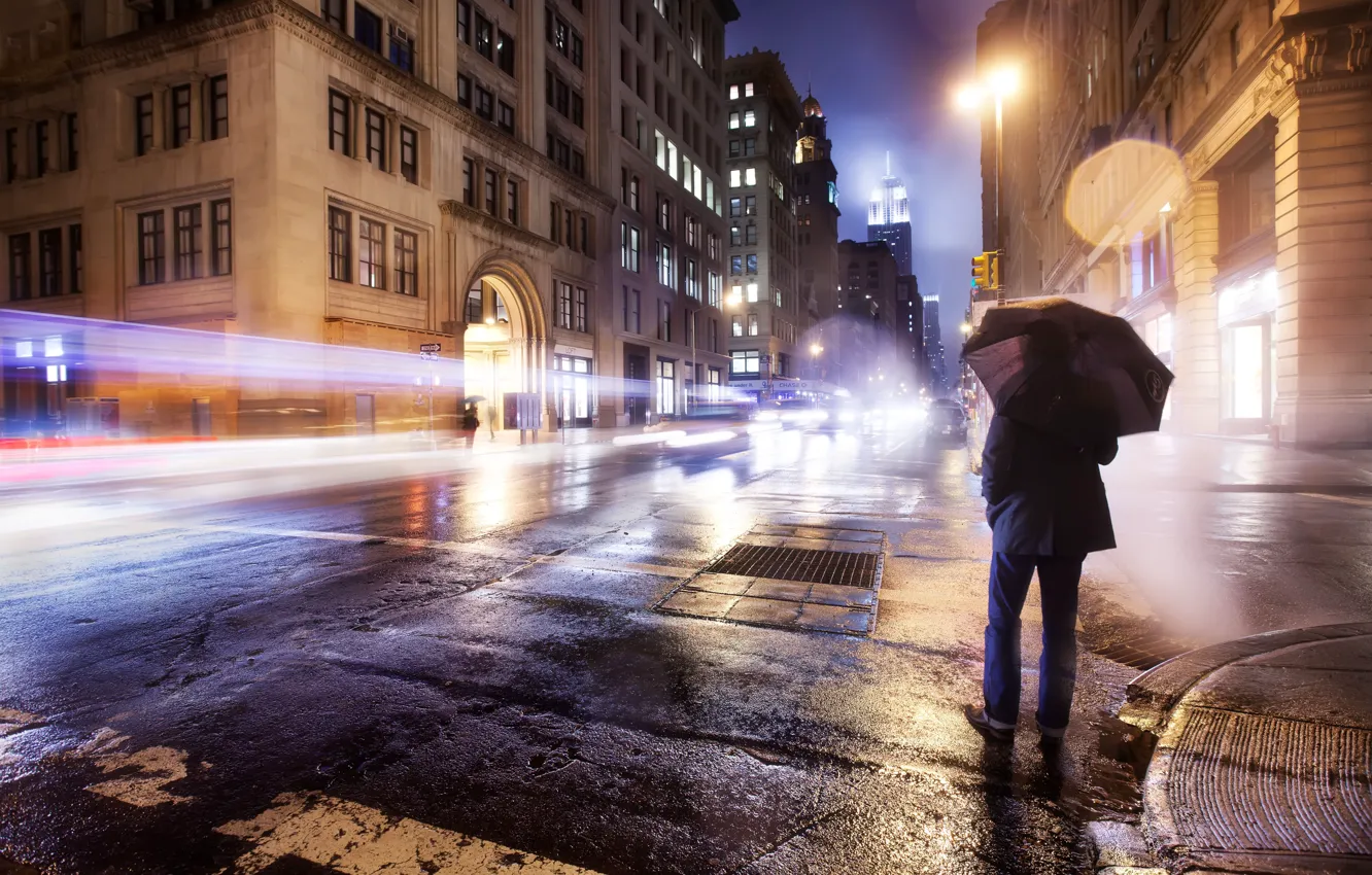 Фото обои дорога, огни, одиночество, дождь, настроение, обои, улица, зонт