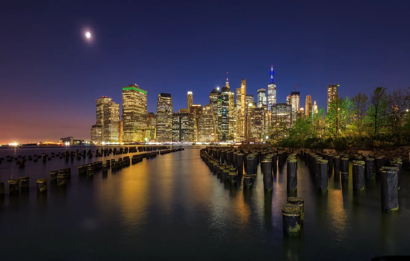 Фото обои ночь, город, Нью-Йорк, США