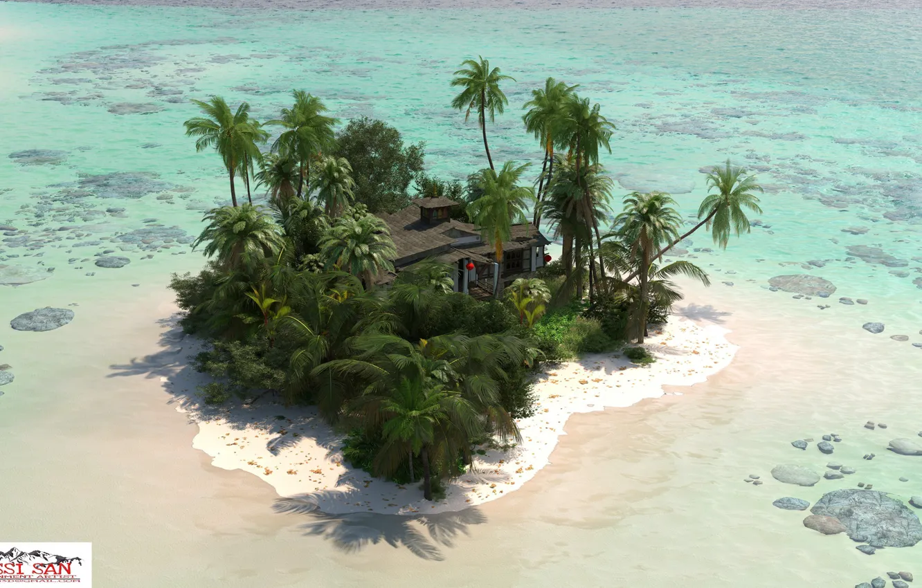 Фото обои море, пальмы, остров, построёка, Private Island