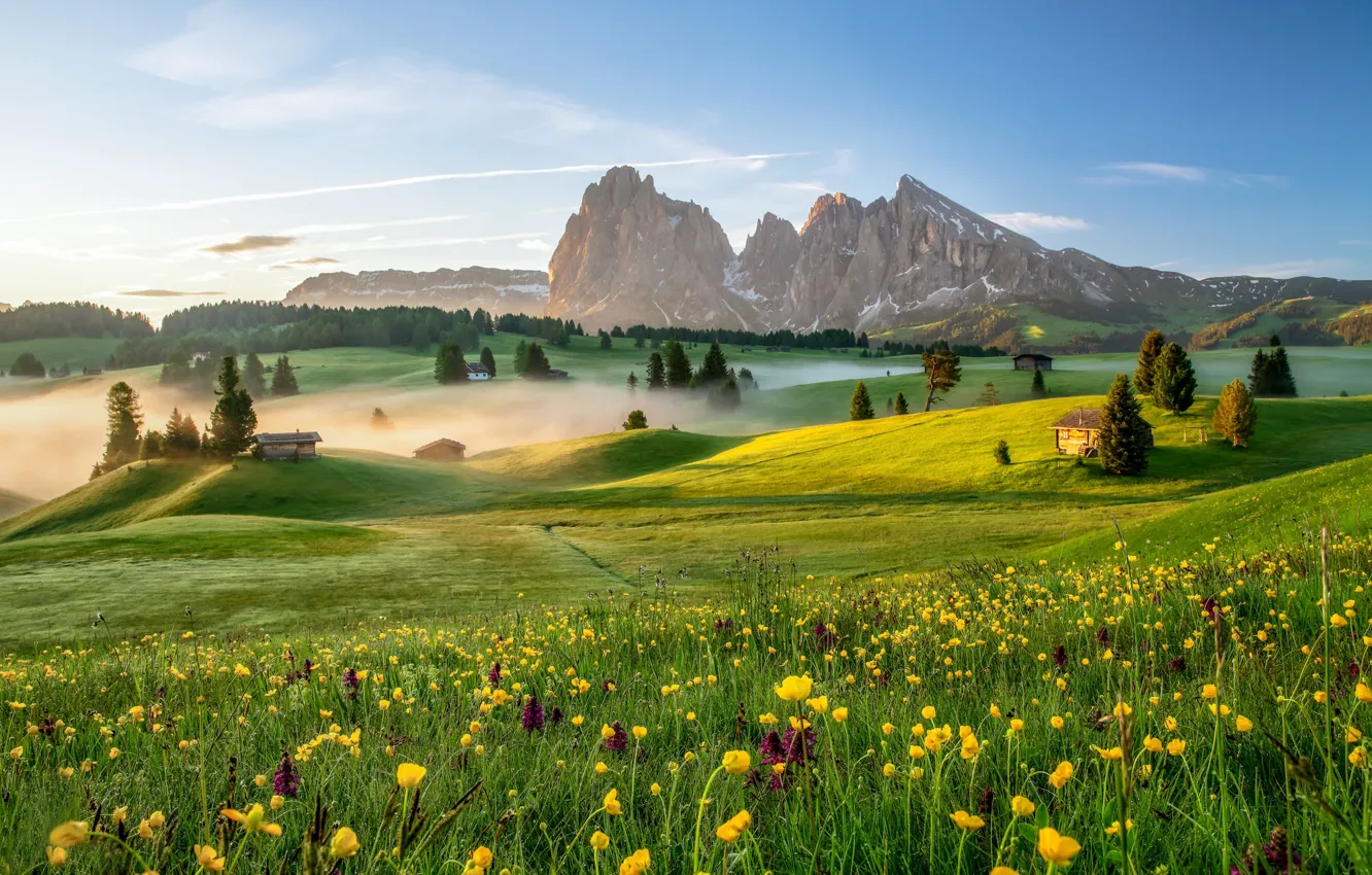 Фото обои деревья, цветы, горы, рассвет, утро, деревня, Италия, домики