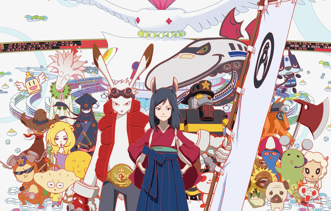 Фото обои girl, robot, rabbit, anime, dog, katana, ken, blade