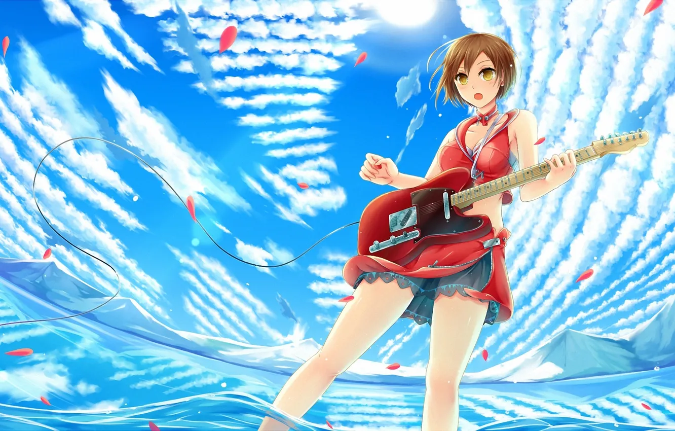 Фото обои небо, девушка, облака, гитара, арт, vocaloid, meiko, sakakidani