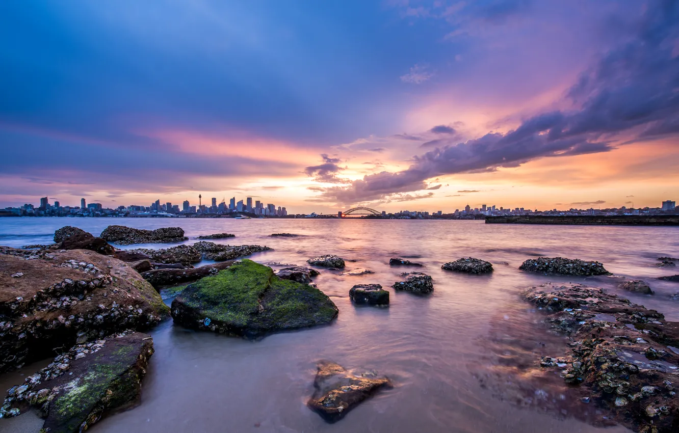 Фото обои город, рассвет, побережье, Australia, Sydney, Bradley's Head