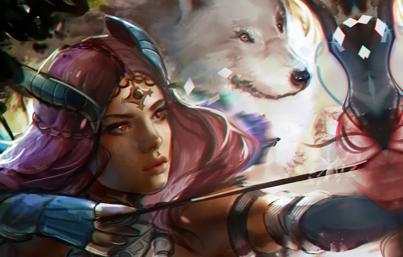 Фото обои девушка, волк, лук, арт, стрела, guild wars, лучник