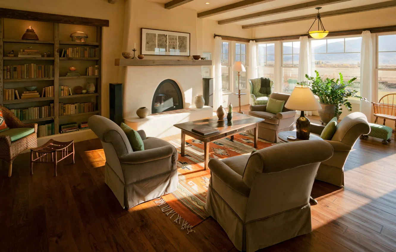 Фото обои дизайн, стиль, интерьер, печь, библиотека, гостиная, Lynne Barton bier home on the range interior