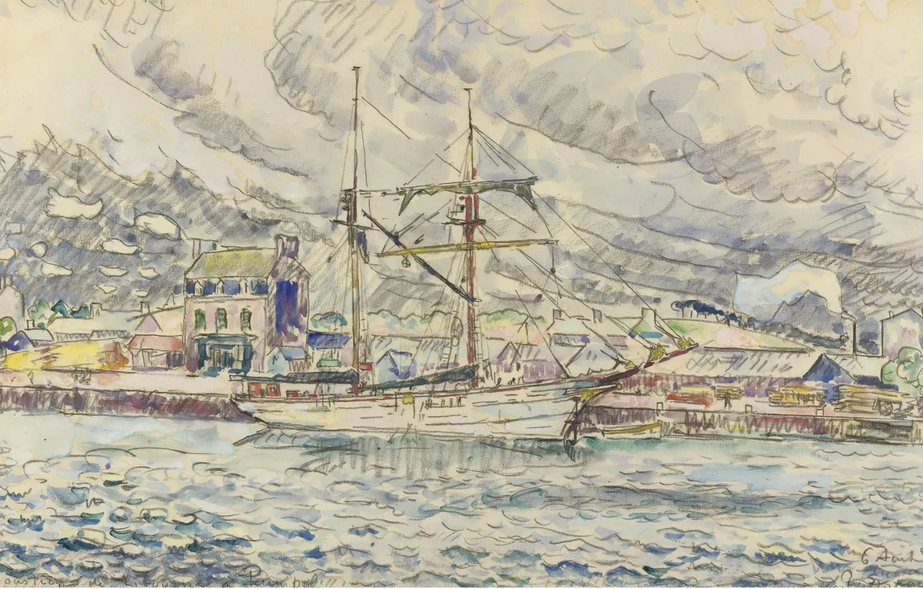 Фото обои рисунок, корабль, акварель, 1929, Поль Синьяк, Paul Signac, Порт Пемполь. Бретань