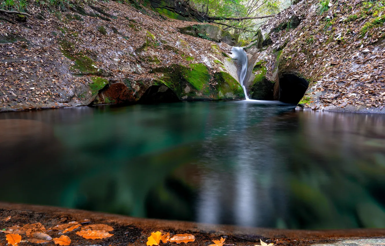 Фото обои осень, листья, вода, природа, камни, водопад