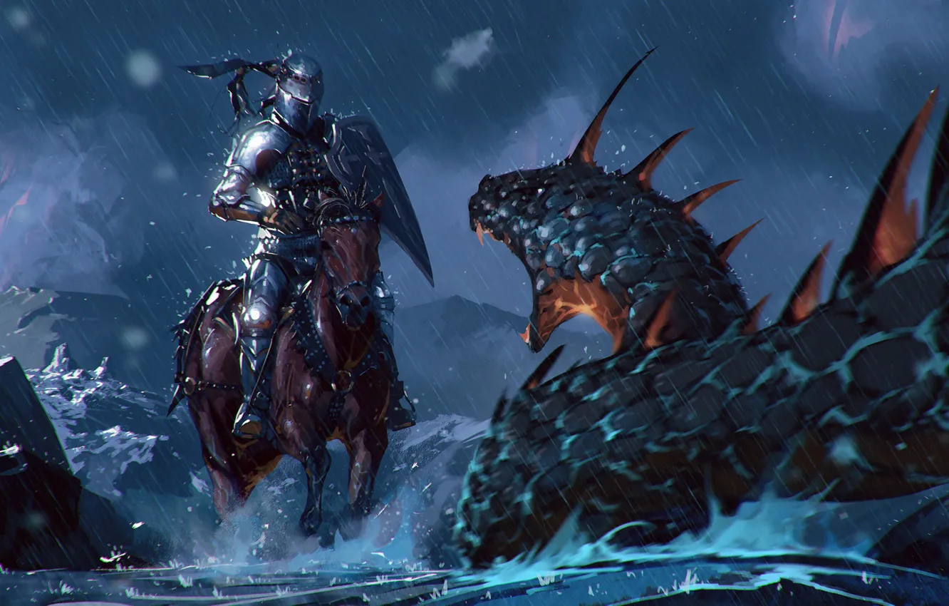 Фото обои Рисунок, Монстр, Дождь, Бой, Воин, Fantasy, Змей, Art