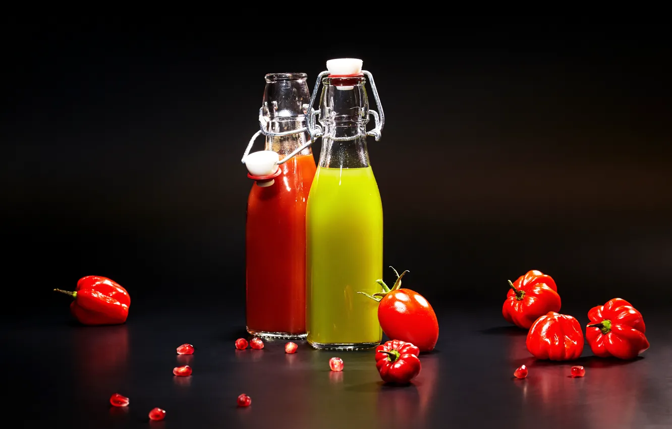 Фото обои фон, бутылка, сок, juice, перец, помидоры, background, tomatoes