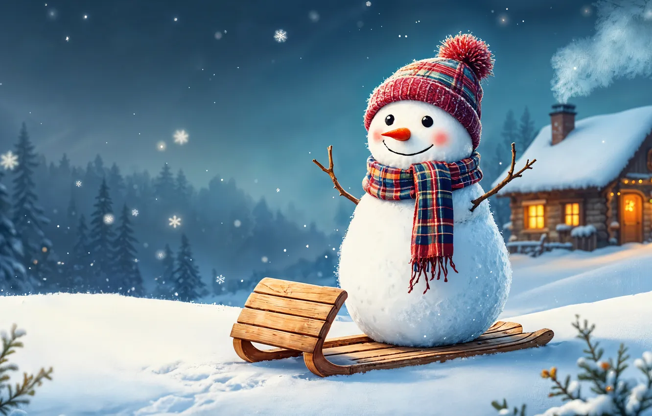 Фото обои зима, снег, украшения, Рождество, Новый год, снеговик, happy, Christmas