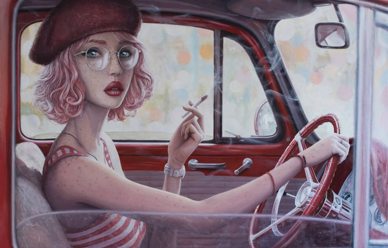 Фото обои авто, девушка, зеркало, руль, очки, сигарета, веснушки, курит