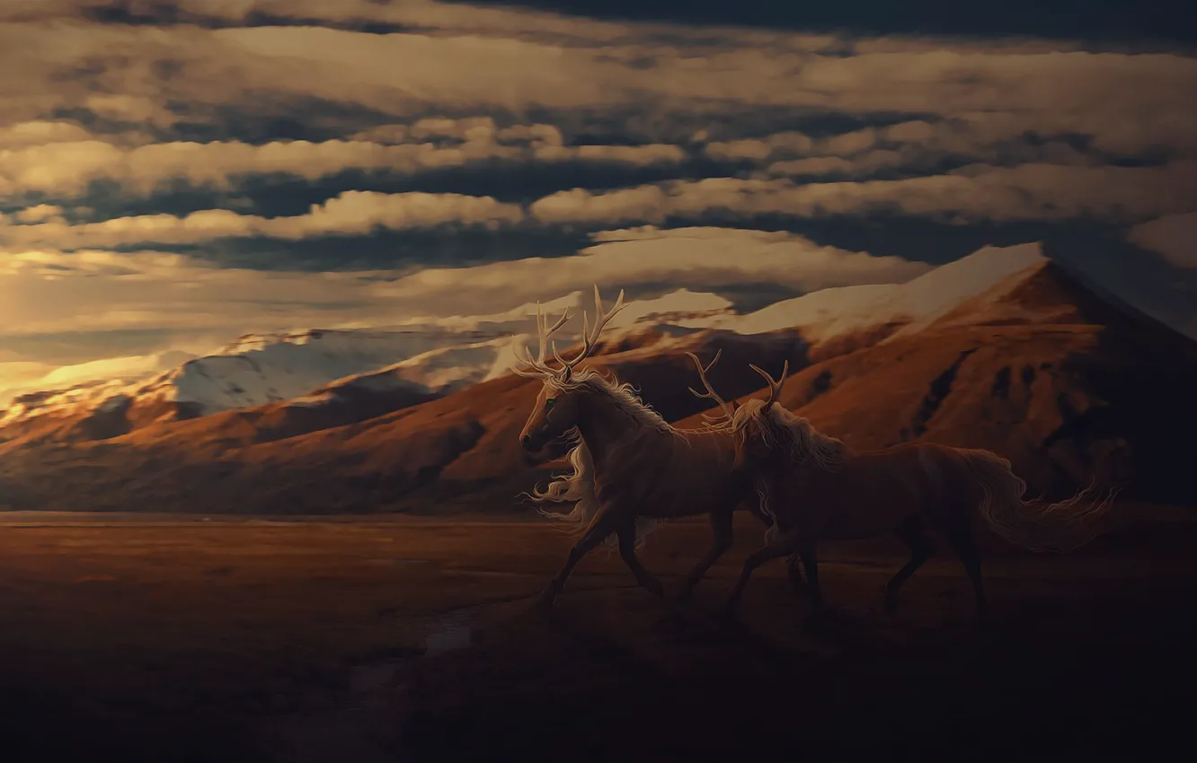 Фото обои закат, горы, природа, лошади, фэнтези, by Neverrmind
