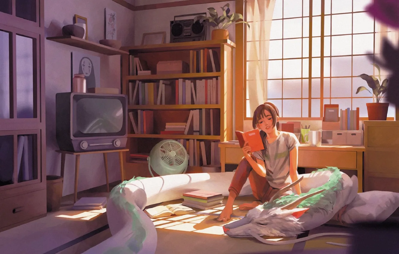 Фото обои дракон, книги, вентилятор, телевизор, окно, девочка, на кровати, предметы