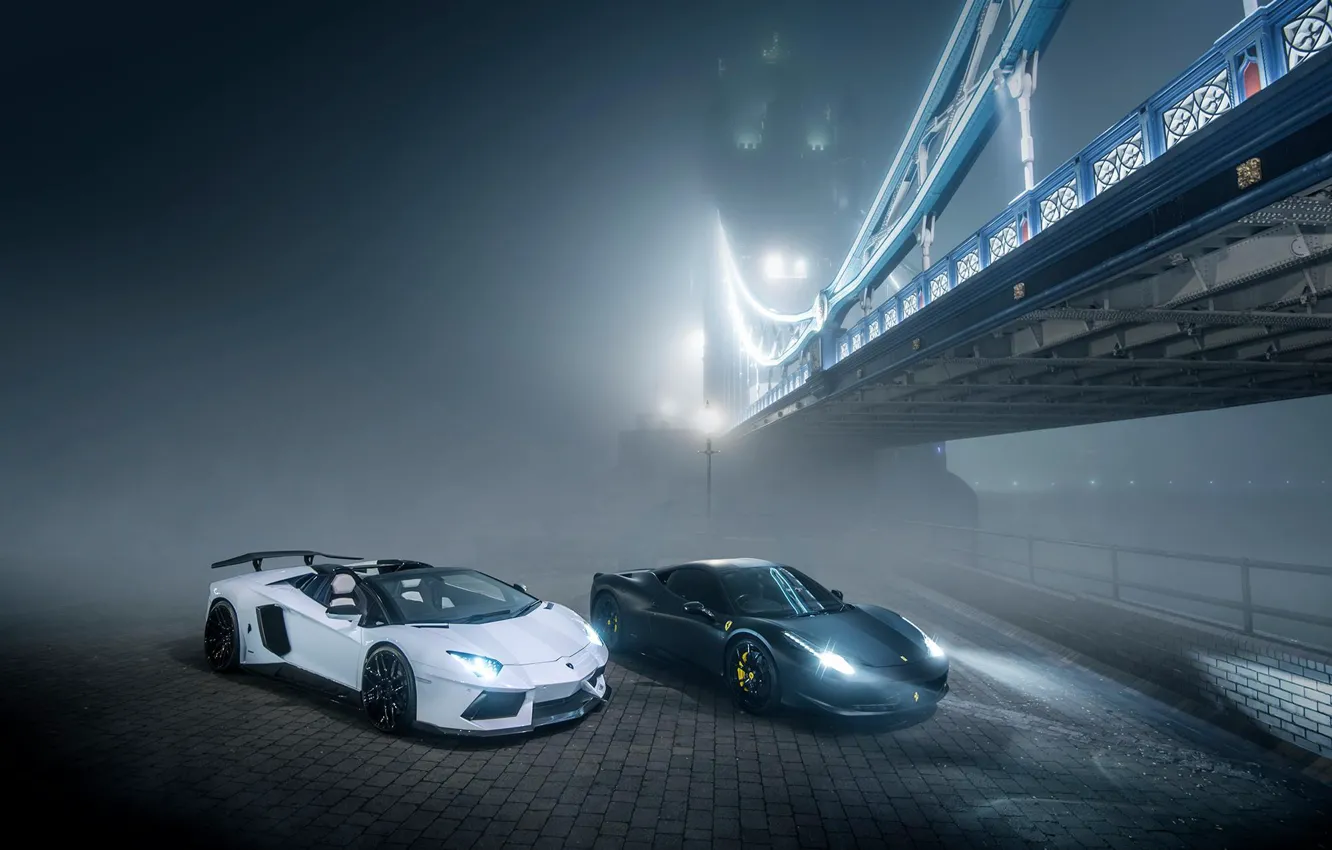 Фото обои Lamborghini, Ferrari, 458, Bridge, Night, Aventador, Fog, GFWilliams Photographer