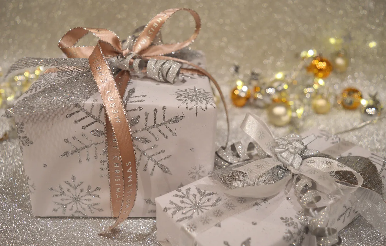 Фото обои шарики, снежинки, сияние, праздник, коробка, подарок, блеск, Рождество