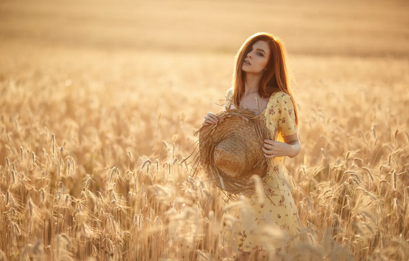 Фото обои пшеница, Девушка, шляпа, платье, рыжая, Сергей Сорокин, Дарья Костина