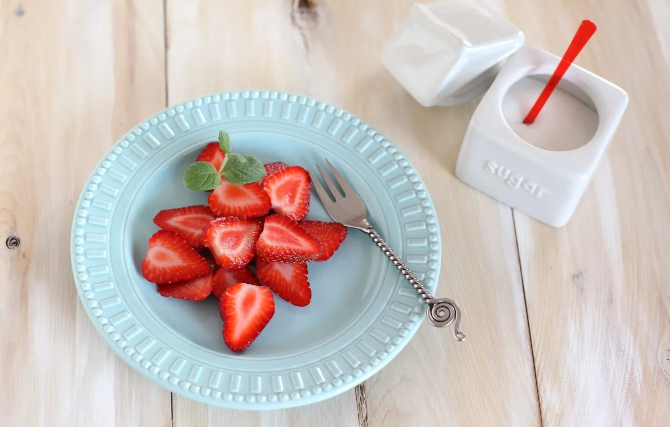 Фото обои strawberry, сахар, ягоды, клубника, мята