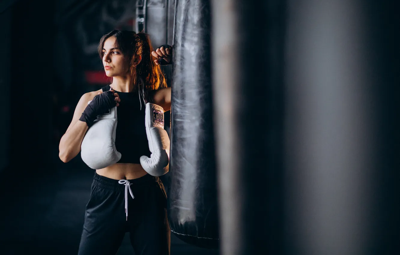 Фото обои woman, young, gym, training, boxer