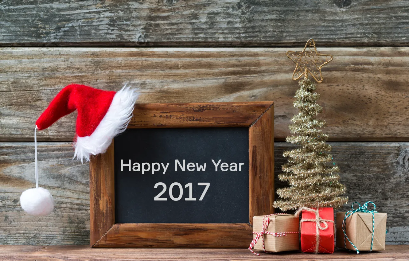 Фото обои доски, подарки, ёлка, new year, happy, колпак, merry christmas, decoration