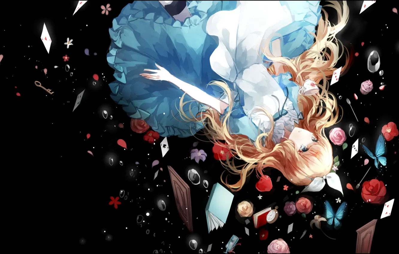 Фото обои карты, девушка, цветы, розы, аниме, падение, арт, алиса