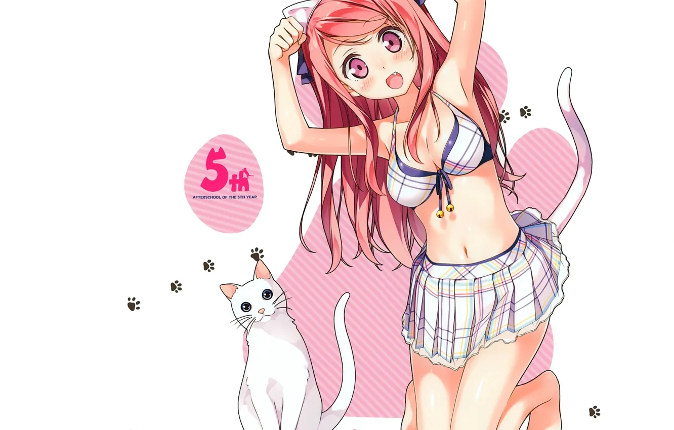 Фото обои следы, на коленях, кошачи ушки, белая кошка, кошачий хвост, Kurumi, рыжая девочка, by kantoku