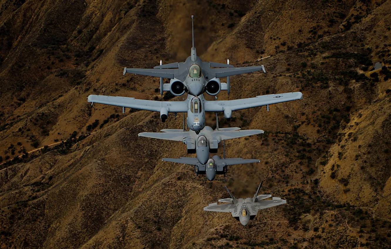 Фото обои истребители, полёт, F-22, F-16, F-15, A-10