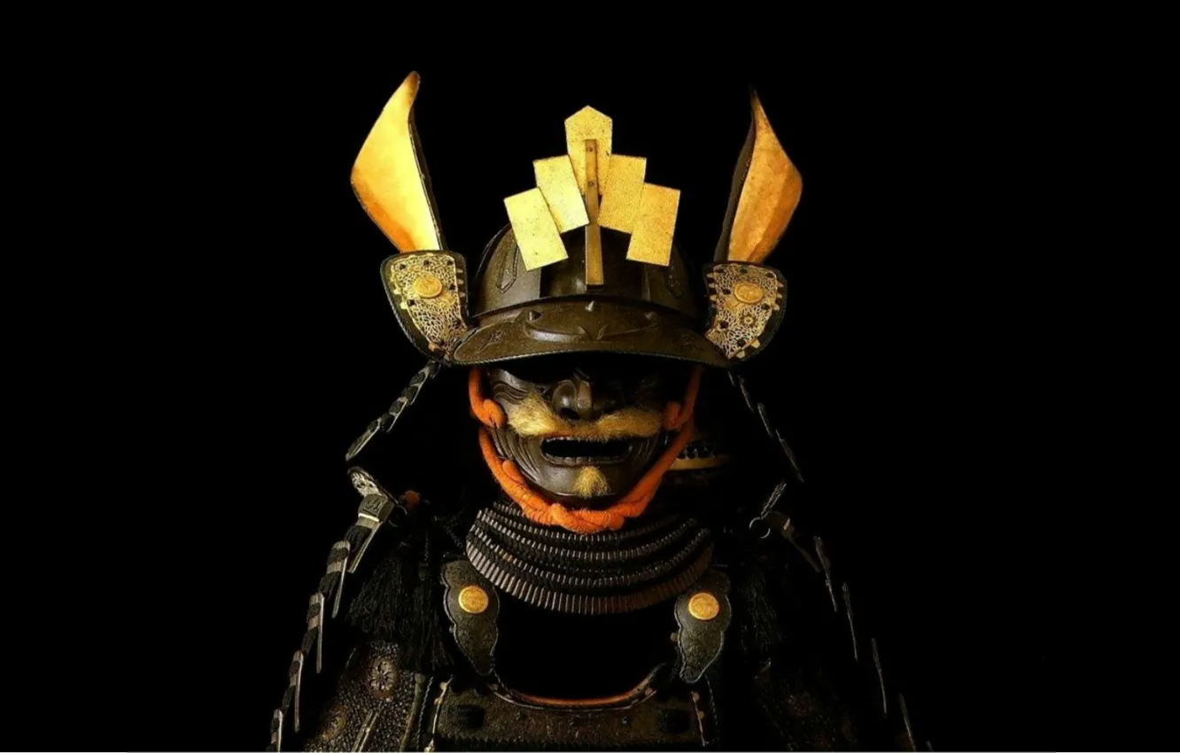 Фото обои доспехи, шлем, Japan, черный фон