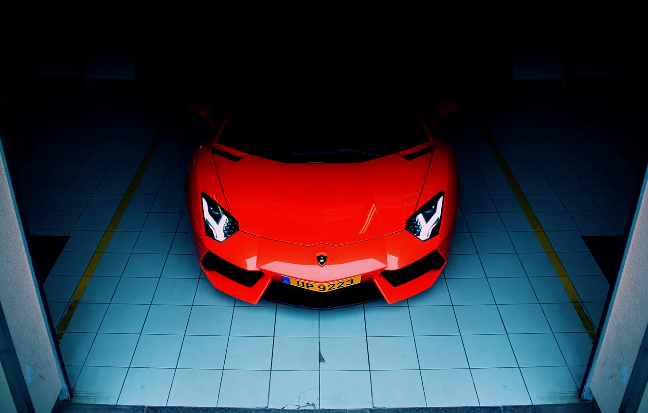 Фото обои Lamborghini, front, orange, garage, LP700-4, aventador