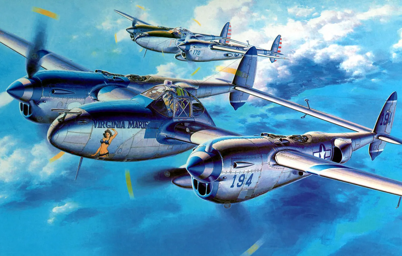 Фото обои war, art, airplane, painting, aviation, Lockheed P-38 Lightning, ww2
