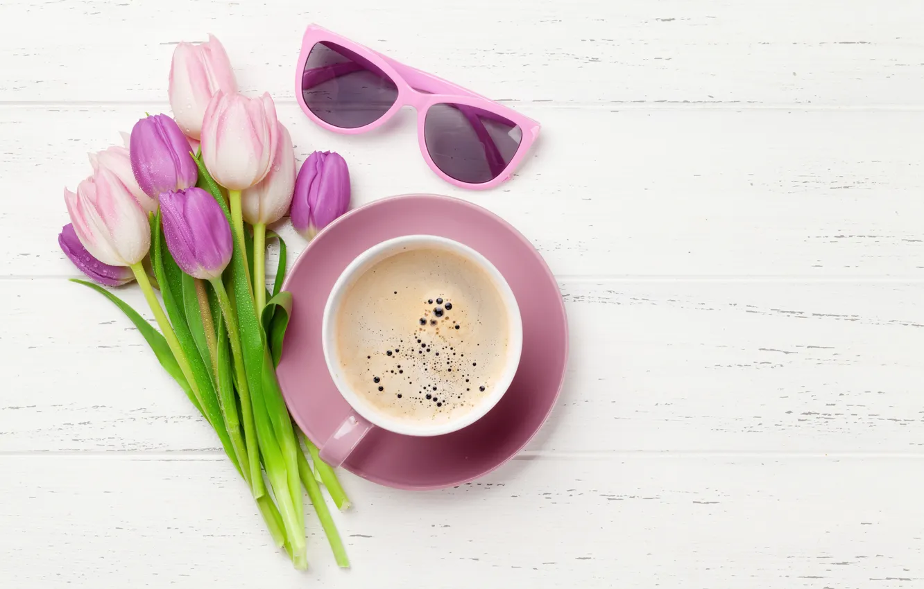 Фото обои цветы, букет, colorful, тюльпаны, pink, flowers, tulips, coffee cup