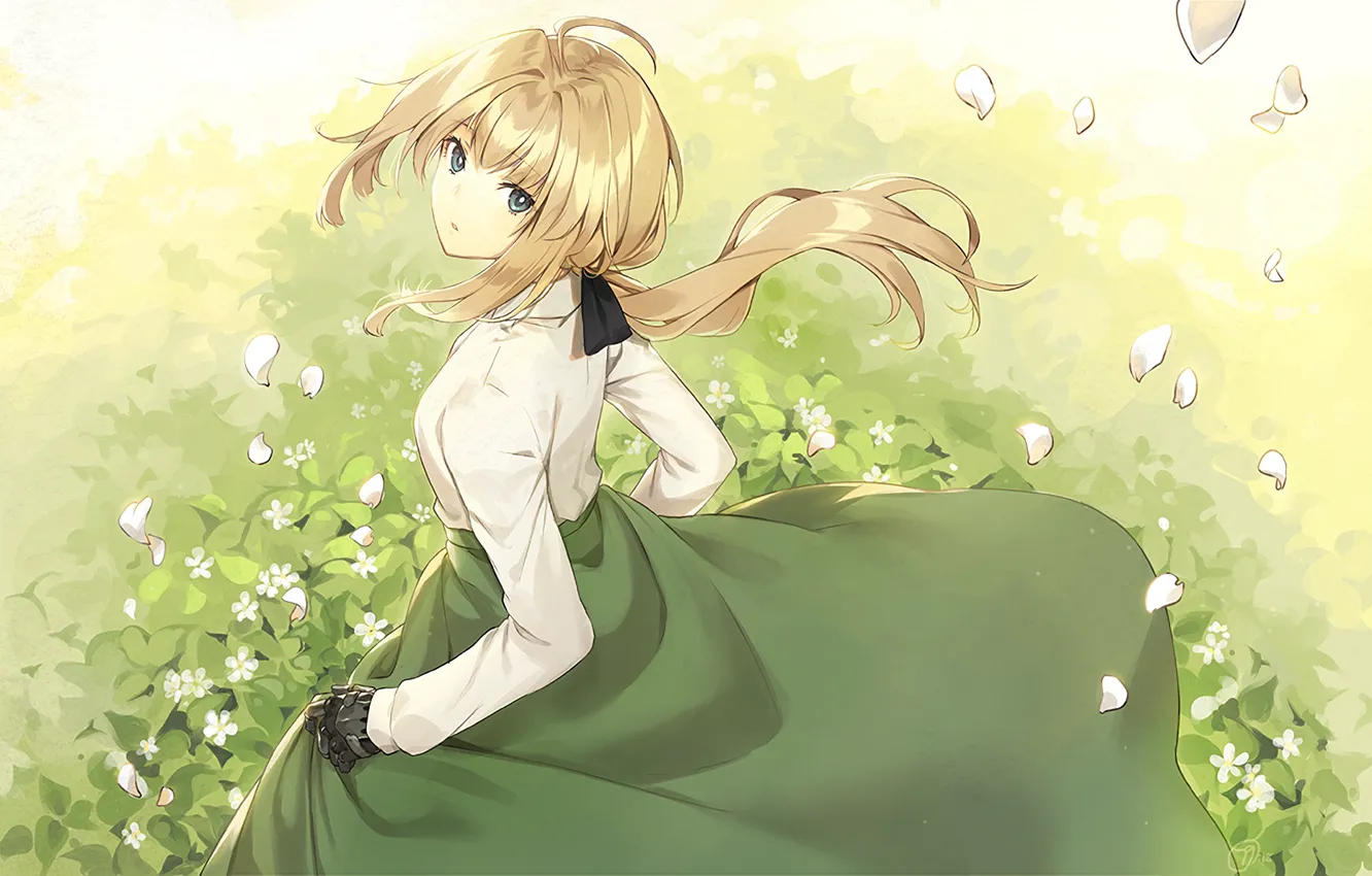 Фото обои girl, grass, dress, anime, violet evergarden