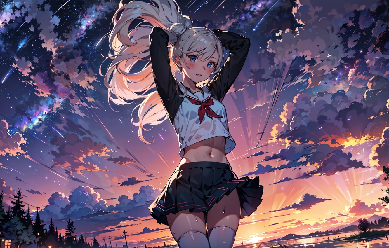 Фото обои white hair, mini skirt, pretty woman, crop top, Ann Takamaki, anime illustration, closeup portrait