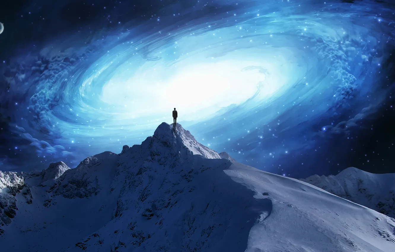 Фото обои снег, фантастика, человек, гора, галактика