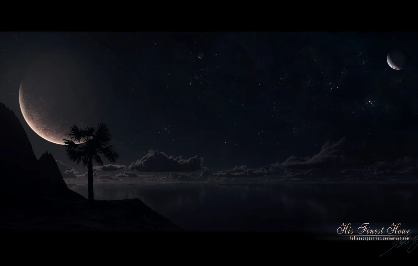 Фото обои море, звезды, пальмы, планеты, ночное небо, фантастический пейзаж