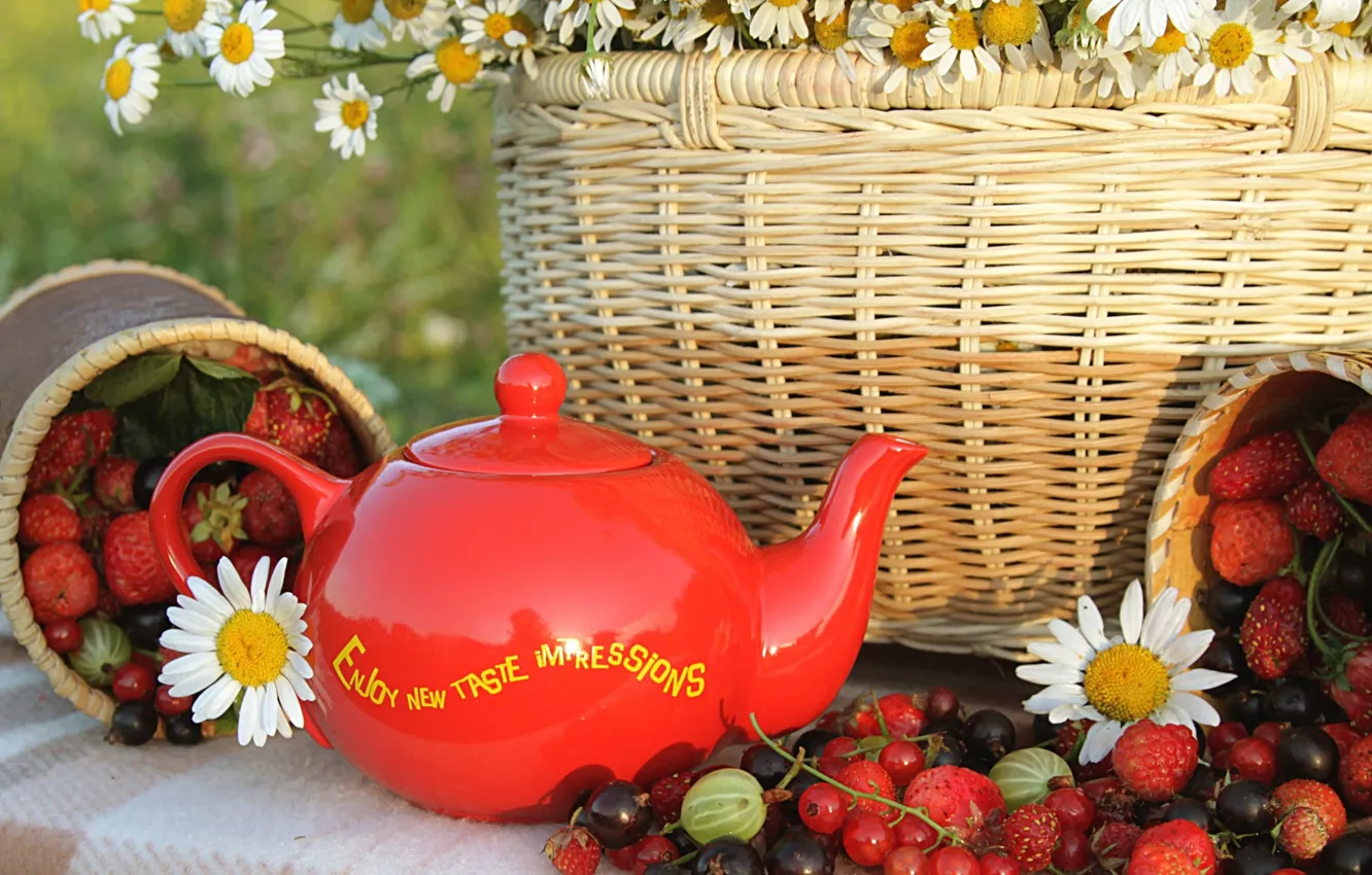 Фото обои ягоды, чай, корзина, чайник