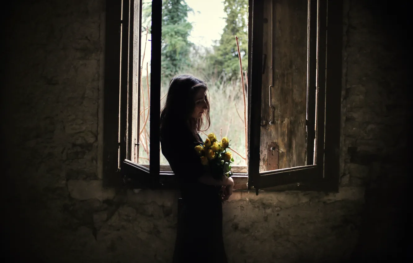 Фото обои девушка, цветы, окно